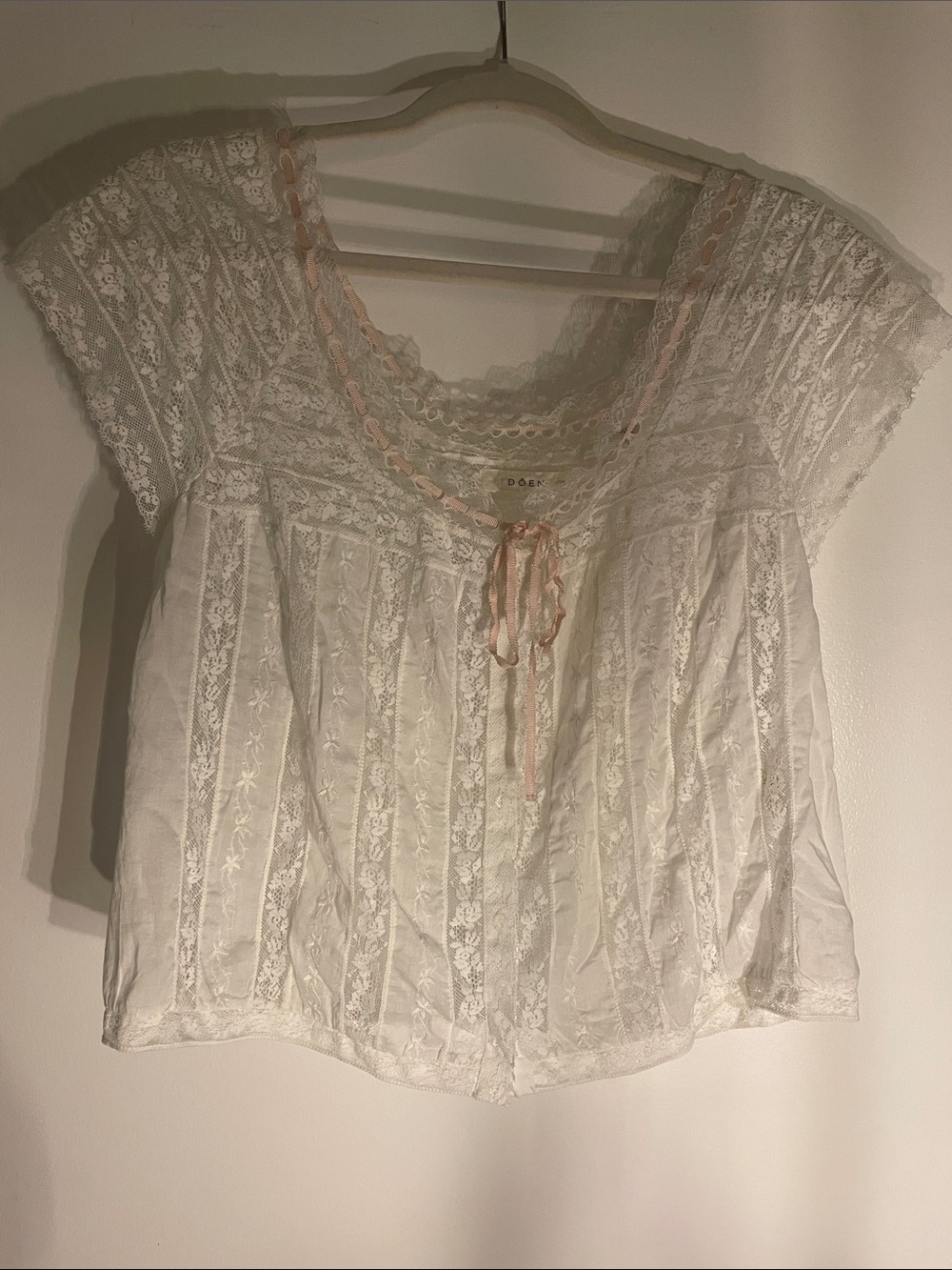 Doen White Lace Boho Blouse with Pale Pink Ribbon
